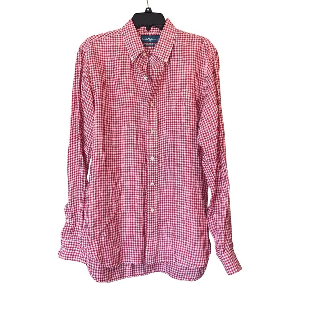 Ralph Lauren Blue Label Men's M Red Gingham Plaid 100% Linen Casual Shirt - Picture 2 of 7